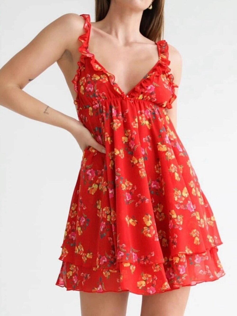 Rumored Secret Garden Ruffle Tiered Babydoll Mini Dress Sz M Floral Coquette
